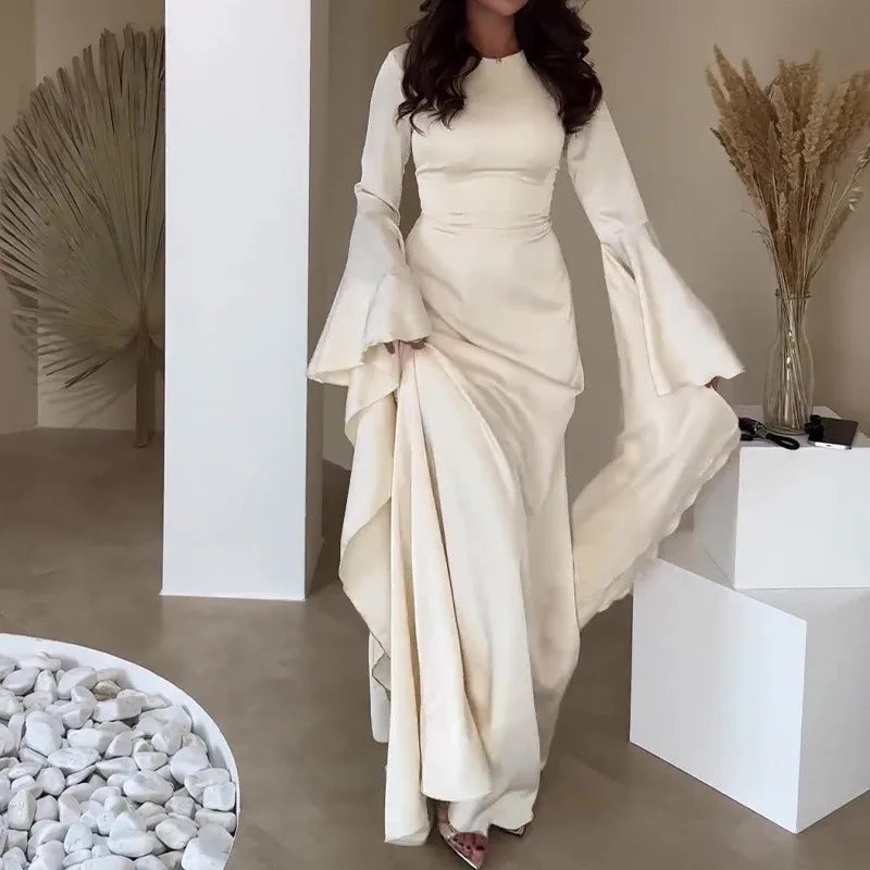 Women Cocktail Party Dress Big Swing Middle Eastern Long Floating Sleeves Slim Empire Lady Banquet Solid Maxi Clothing