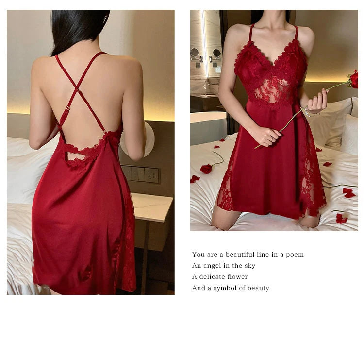 2025 new sexy camisole nightgown women's lace home sleepwear satin deep V backless luxury camisole sleepwear plus size red black
