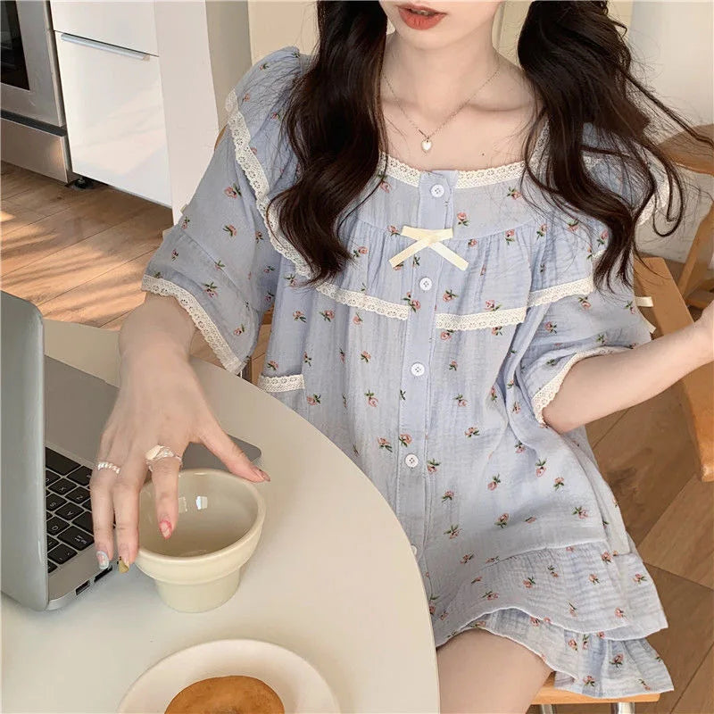 Summer Ladies Pajamas Loungewear Set Princess Style Sweet Lace Small Floral Short Sleeve Shorts Loose Plus Size Loungewear
