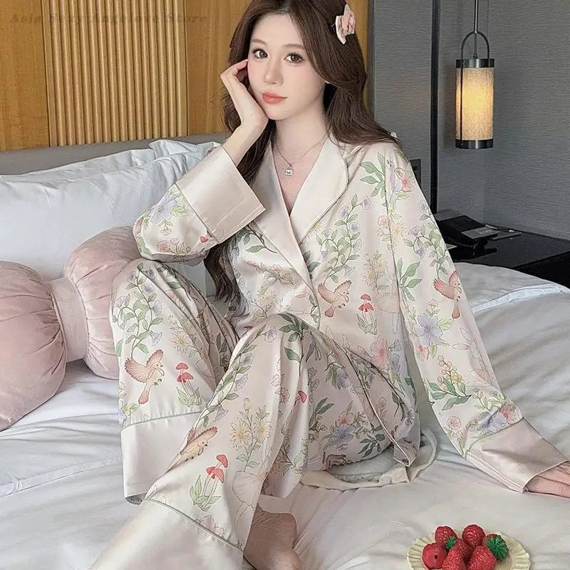Print Flower 2PCS Top&pants Pajamas Lady Sweet Cute Home Clothes Spring Summer New Pijama Mujer Sexy Loose Sleepwear Women Pjs