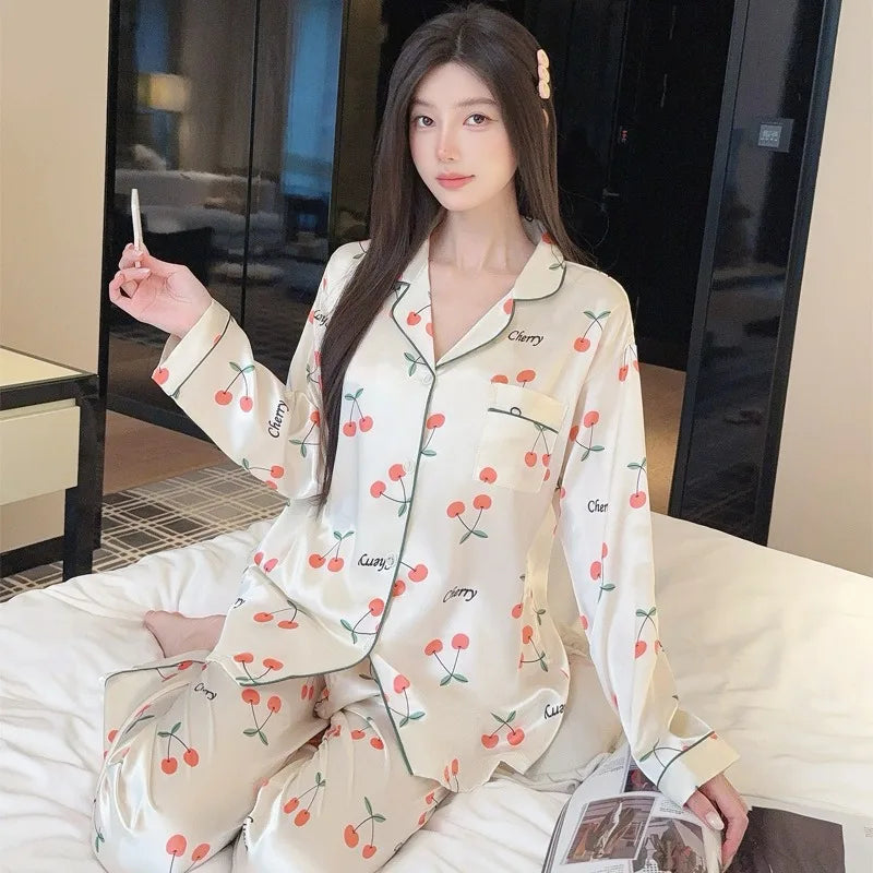 Sweet Cherry Print Satin Long Sleeve Pajama Set Soft Comfortable Loungewear for Women