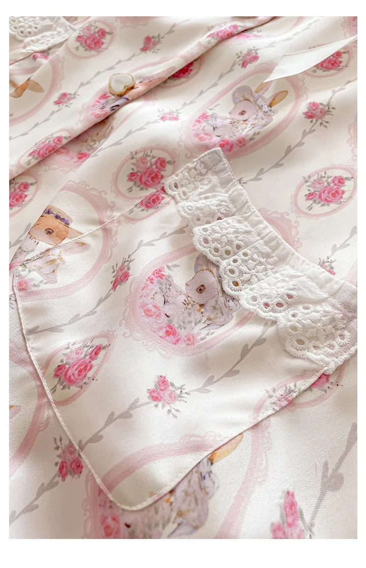 Long Sleeve 2PCS Pjs Trouser Suits Sweet Cute Print Cartoon Sleepwear Pyjama Pour Femme Spring Autumn New Satin Home Clothes