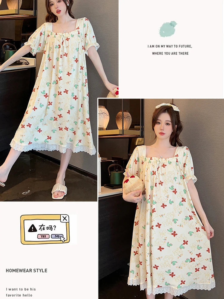 M-5XL Plus Size Sleep Dress for Women Korean Sweet Summer Sleepwear Students Cute Print Nightgown Pajama Sleepshirt Home Clothes