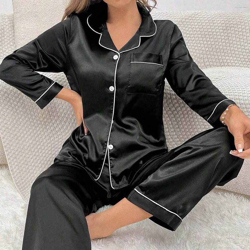 Women's Sleepwear Simple Satin Pajama Set Long Sleeve Buttons Lapel Top With Elastic Pants Loungewear Nightwear 2 Piece Nighty