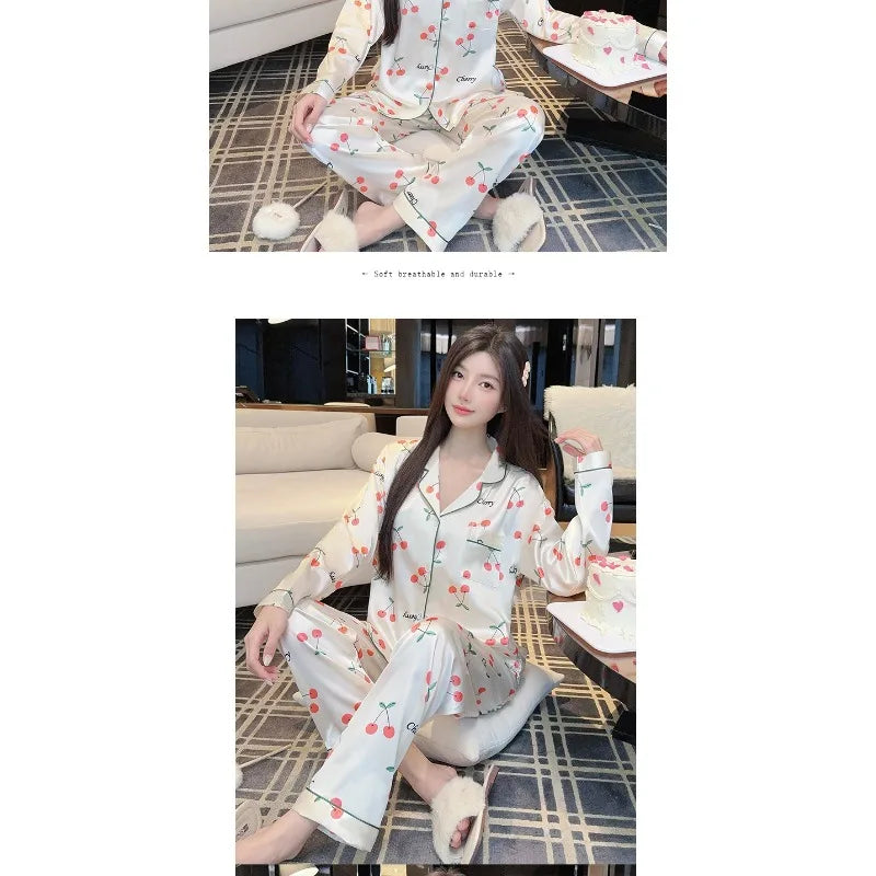 Sweet Cherry Print Satin Long Sleeve Pajama Set Soft Comfortable Loungewear for Women