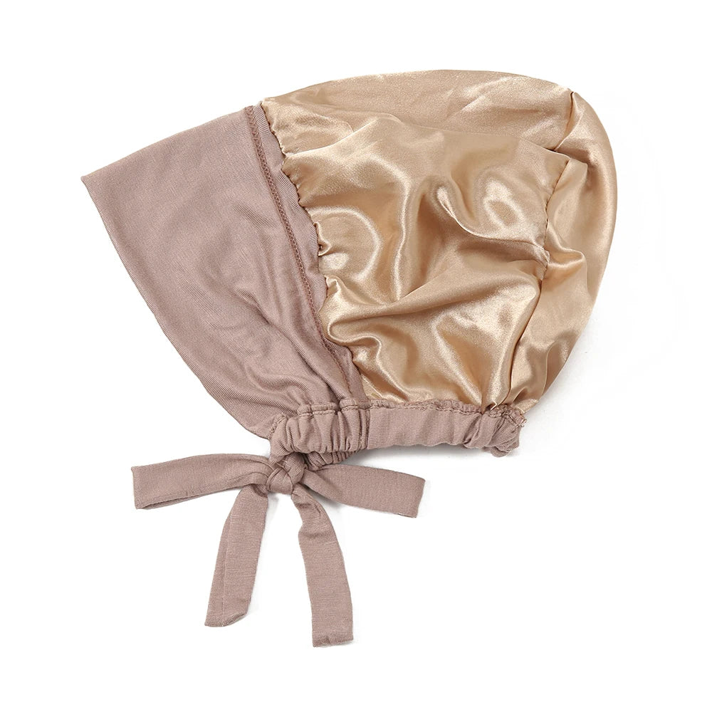 Double Layer Modal Satin Hijab Cap Islam Undercap with Tie Bonnet Instant Hijabs for Women Turkish Scarves Muslim Turban Bandana