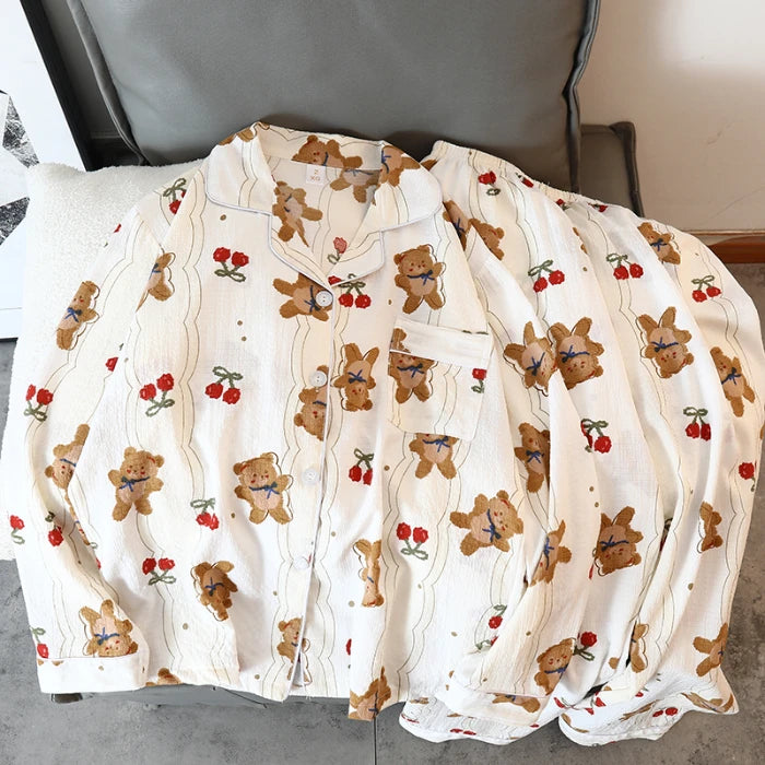 Women's Pajamas Set Y2K Cartoon Bear Flower Print Autumn Pajamas for Women Kawaii New Harajuku Style Casual Homewear Sleepwear