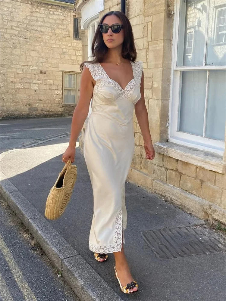 Tossy Fashion Satin Lace Long Dress Women V-Neck Patchwork Hollow Out Sleeveless Lace-Up Dress Evening Female Autumn Maxi Dress