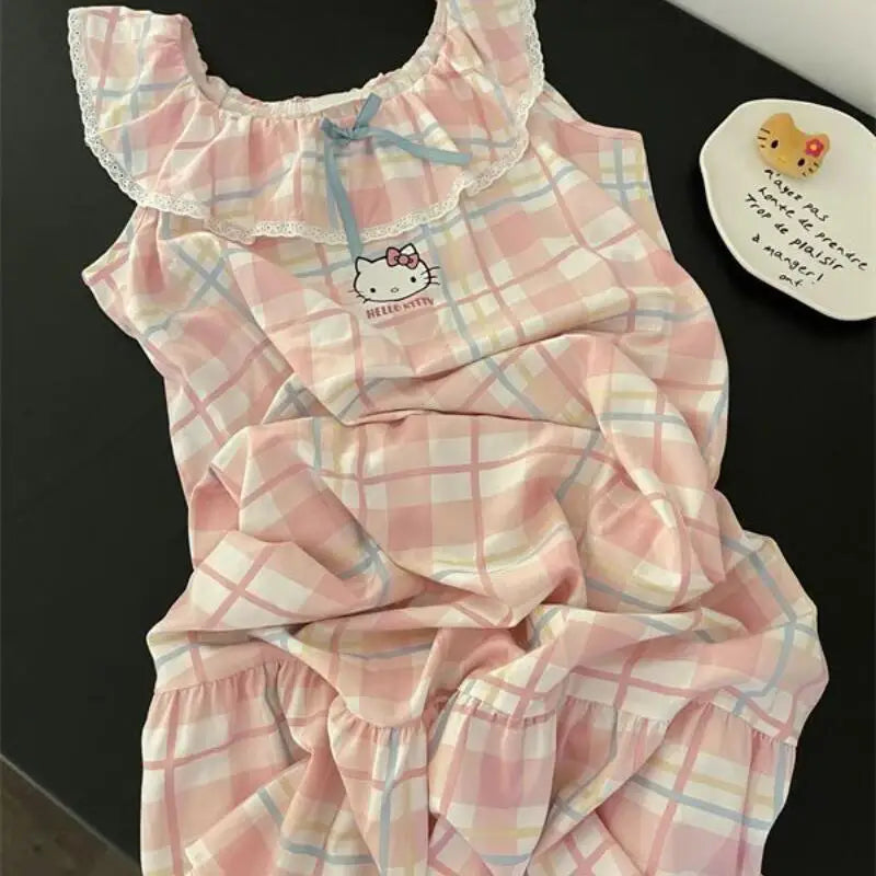 Sanrios Girls Nightgown Hello Kittys Student Suspenders Loose New Style Home Clothes Simple Printed Skirt Creative Hot Selling