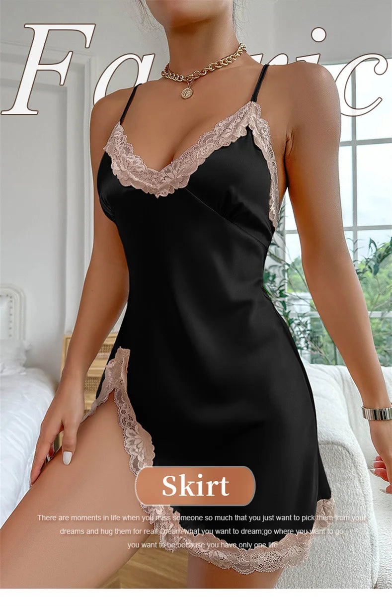 Silk Satin Lace Women Nightgown Sleeveless Cross Back Sleepwear Solid Color Deep V Neck Side Split Pajama Home Dress