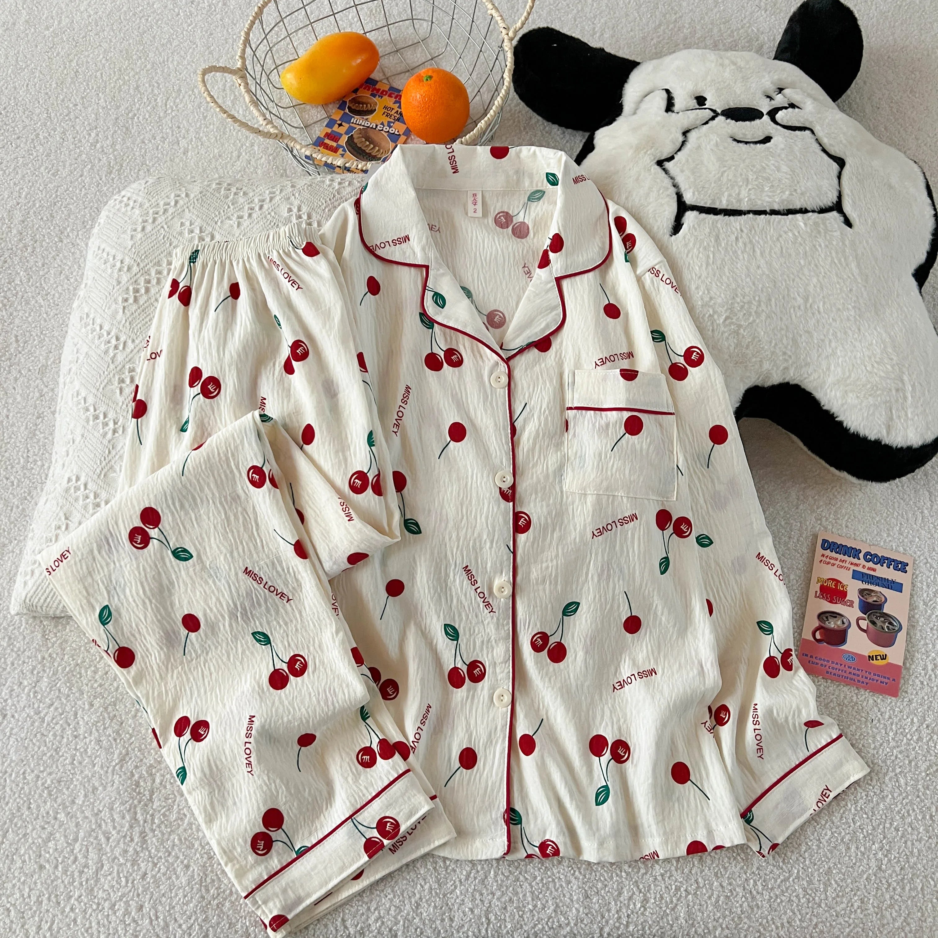 Cherry Print Women's Pajamas Set Fall Spring Plaid Print Loungewear Long Sleeve Cardigan Top and Pants Home Sleepwear