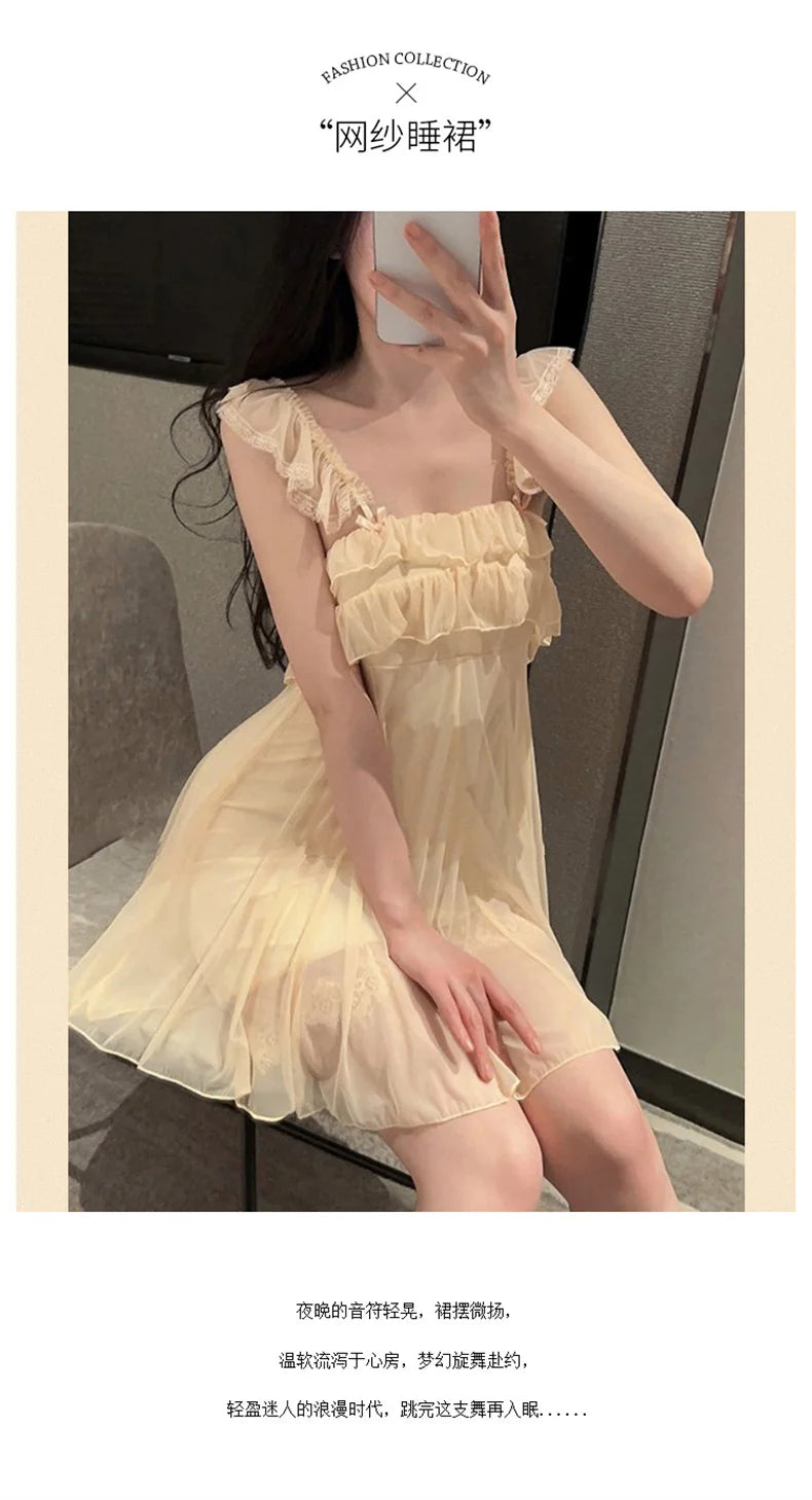Spring Nightdress Women  Lace Sweet Nightgown Home Dress Pajamas Summer Girl Princess Style Soft Sleepwear Nightwear Outwear