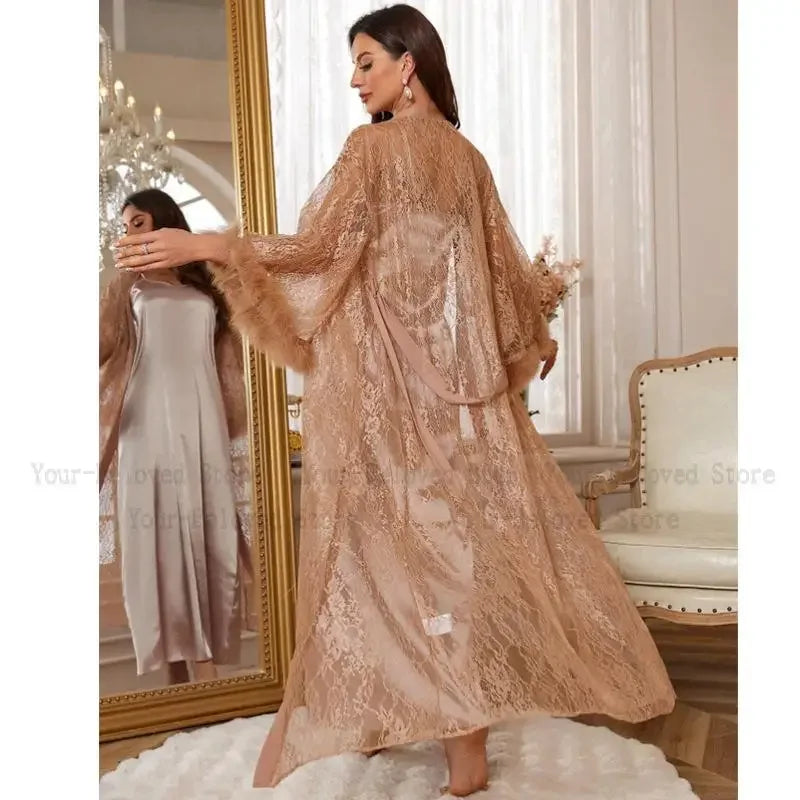 Luxury Party Night Dress Set Women Sexy Mesh Lace Floral Kimono Robe Gown Long Bathrobe Intimate Lingerie Satin Sleepwear