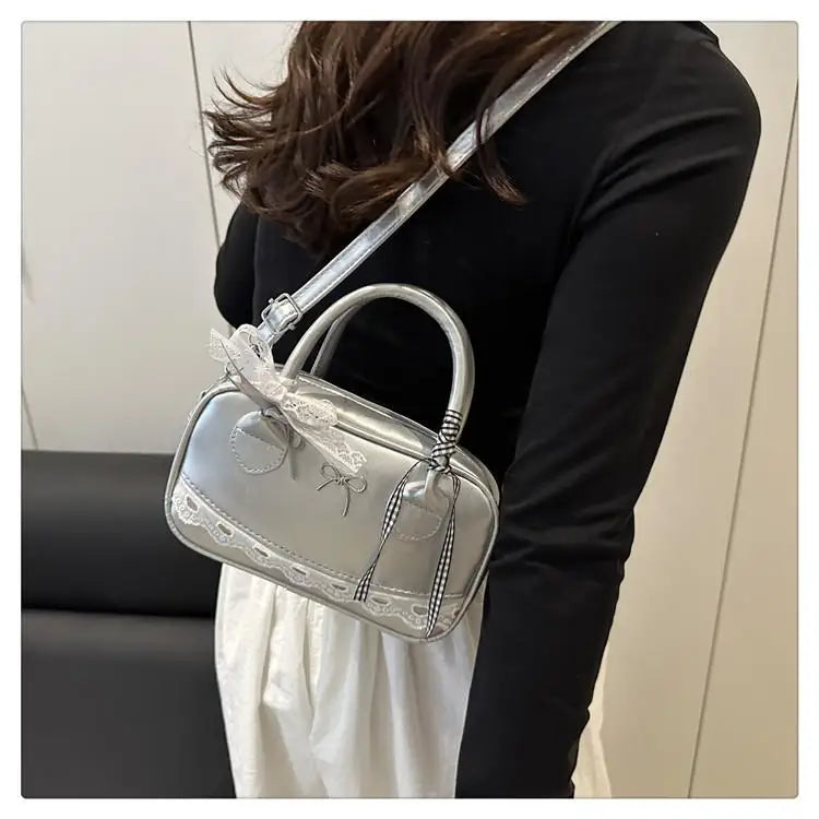 Simple Elegant Handbag Boston Shoulder bag Lace Ribbon Bow Decor Crossbody Bag Small Square Bag Casual Women Bags ﻿