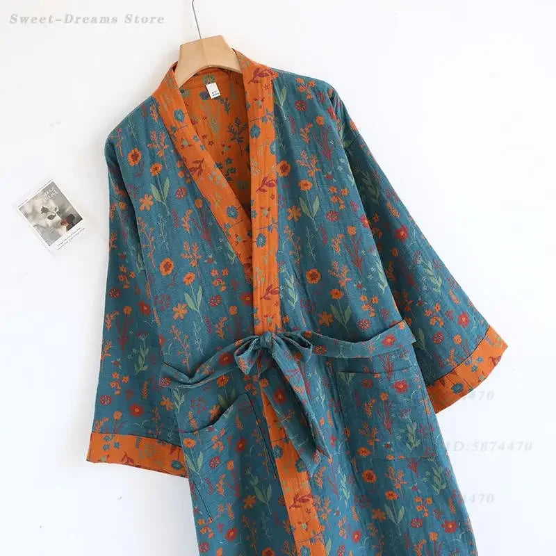 Spring Summer Yukata Print Flower Cotton Robe Sleepwear Female Japanese Retro Kimono Bathrobe Loose Casual Home Dressing Gown
