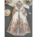 Elegant Vintage Court Style Long Sleeve Collared Slim Fit Print Shirt Dress Knitted Fabric Midi Skirt Length Button Detail