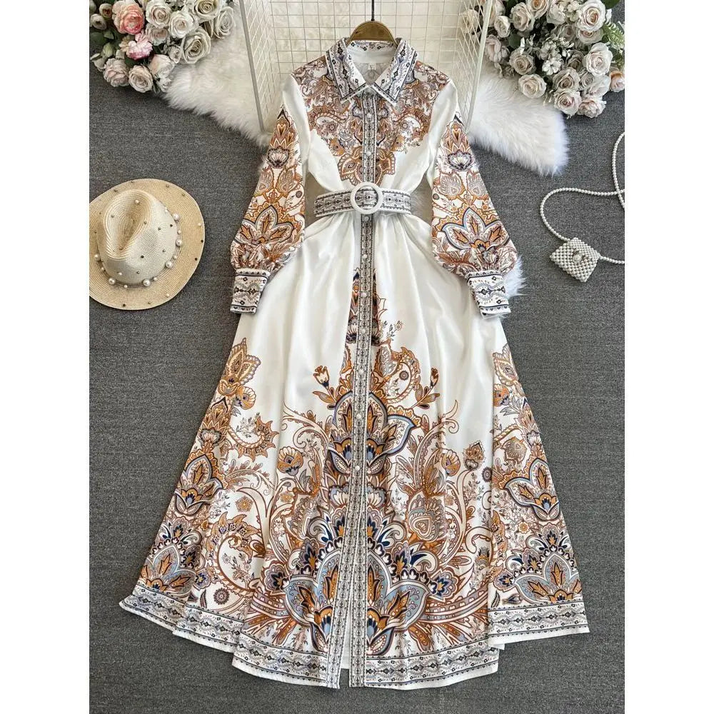 Elegant Vintage Court Style Long Sleeve Collared Slim Fit Print Shirt Dress Knitted Fabric Midi Skirt Length Button Detail