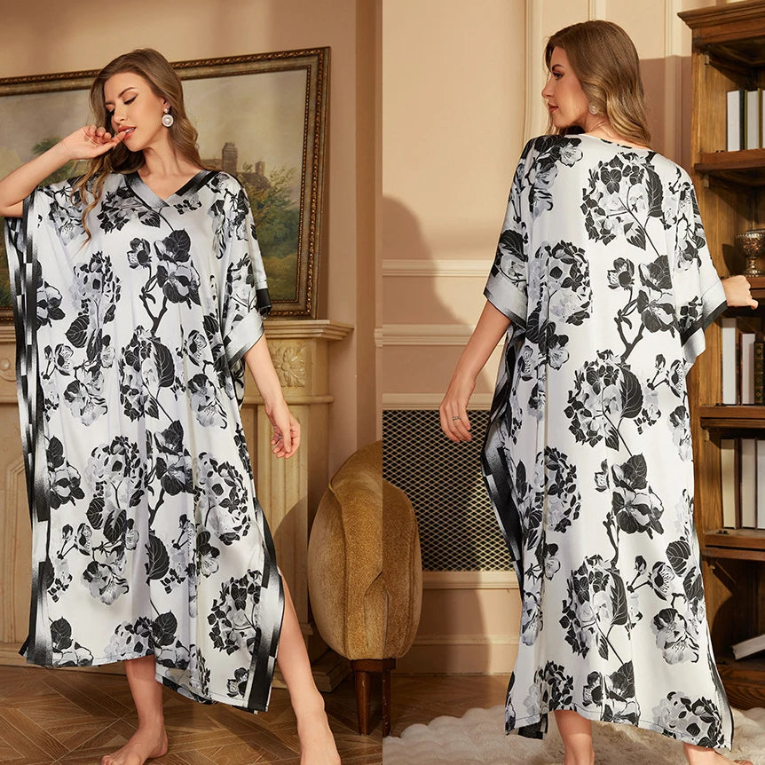Oversize Long Nightgown Home Dress Sleepwear Female Nightdress Lounge Wear Casual Bat Sleeve Bikini Robe Dress Ice Silk Homewear