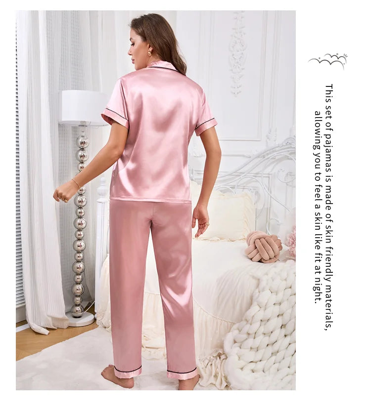 Women Pajamas Sets Spring Short Sleeve Satin Button-Down Top with Pants 2 Piece Pajama Set Sleepwear Pj Set Homewear Loungewear
