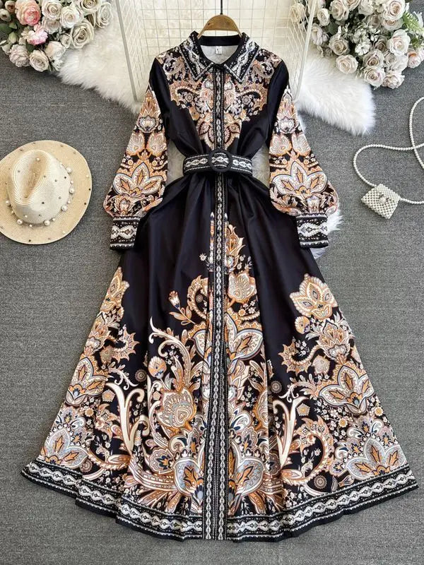 Elegant Vintage Court Style Long Sleeve Collared Slim Fit Print Shirt Dress Knitted Fabric Midi Skirt Length Button Detail