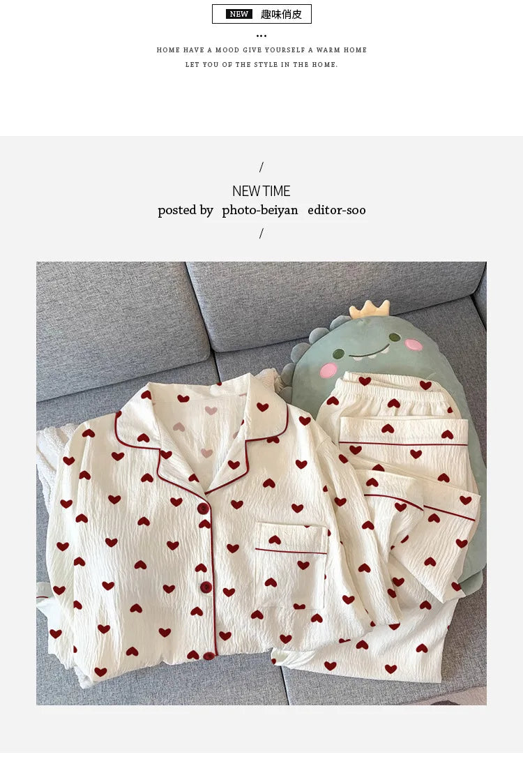 Spring and Autumn New Women's Pajamas Loungewear Set Girl Love Cardigan Pajamas Crinkled Fabric Loungewear Long Sleeve Set