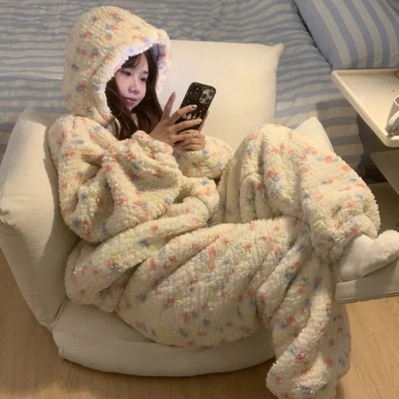 Rabbit Ears Onesie Pajamas Girl's Coral Fleece Thickened Sweet Hooded Nightgown Women's Homewear Long Sleeve Homeclothes Winter