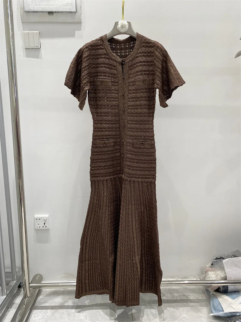 New summer single-breasted round neck knit crochet short-sleeved dress, high-quality and fashionable over-the-knee long skirt