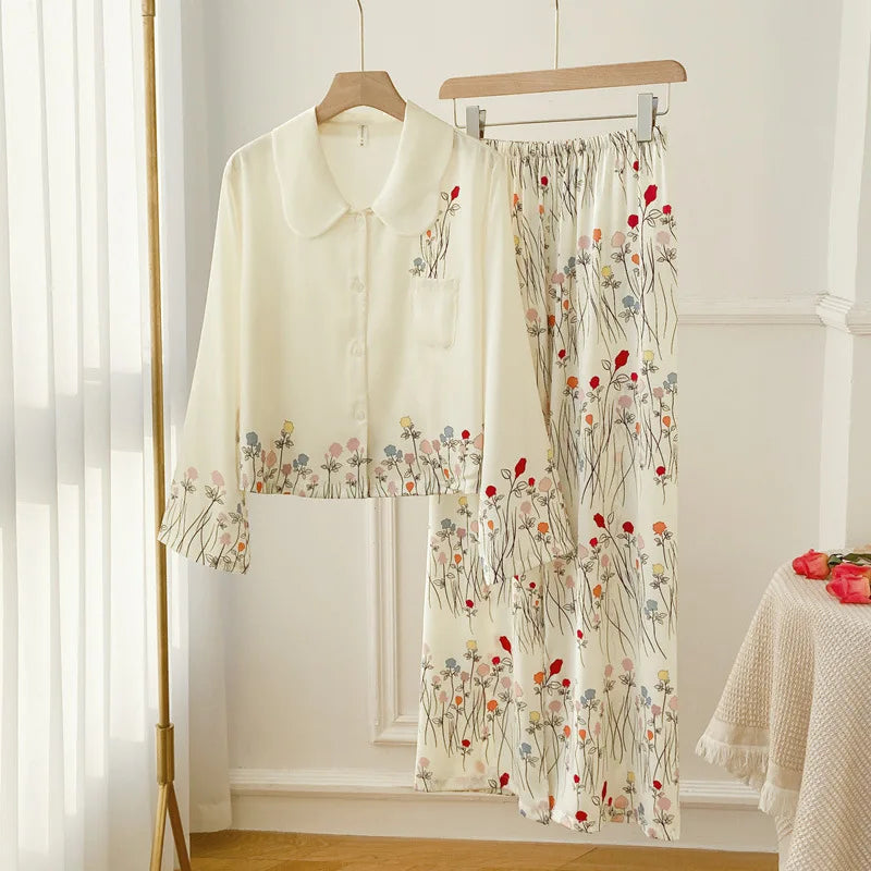 Female 2PCS Pajamas Set Spring Summer Print Flower Sleepwear Long Sleeve Trouser Suits Sweet Loose Satin Home Clothes Loungewear