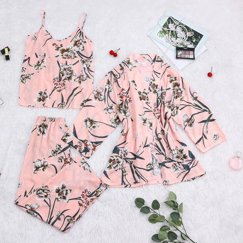 Luxury 3-Piece Pajama Set - Floral Print Camisole + Palazzo Pants + Kimono Robe | Women's Sexy Lounge Wear