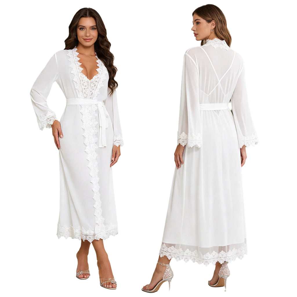 Womens Floral Lace Nightgown Set Long Sleeve Sheer Mesh Robe with Backless Satiny Sling Dress Gown Belt for Bride Wedding Night