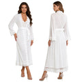 Womens Floral Lace Nightgown Set Long Sleeve Sheer Mesh Robe with Backless Satiny Sling Dress Gown Belt for Bride Wedding Night