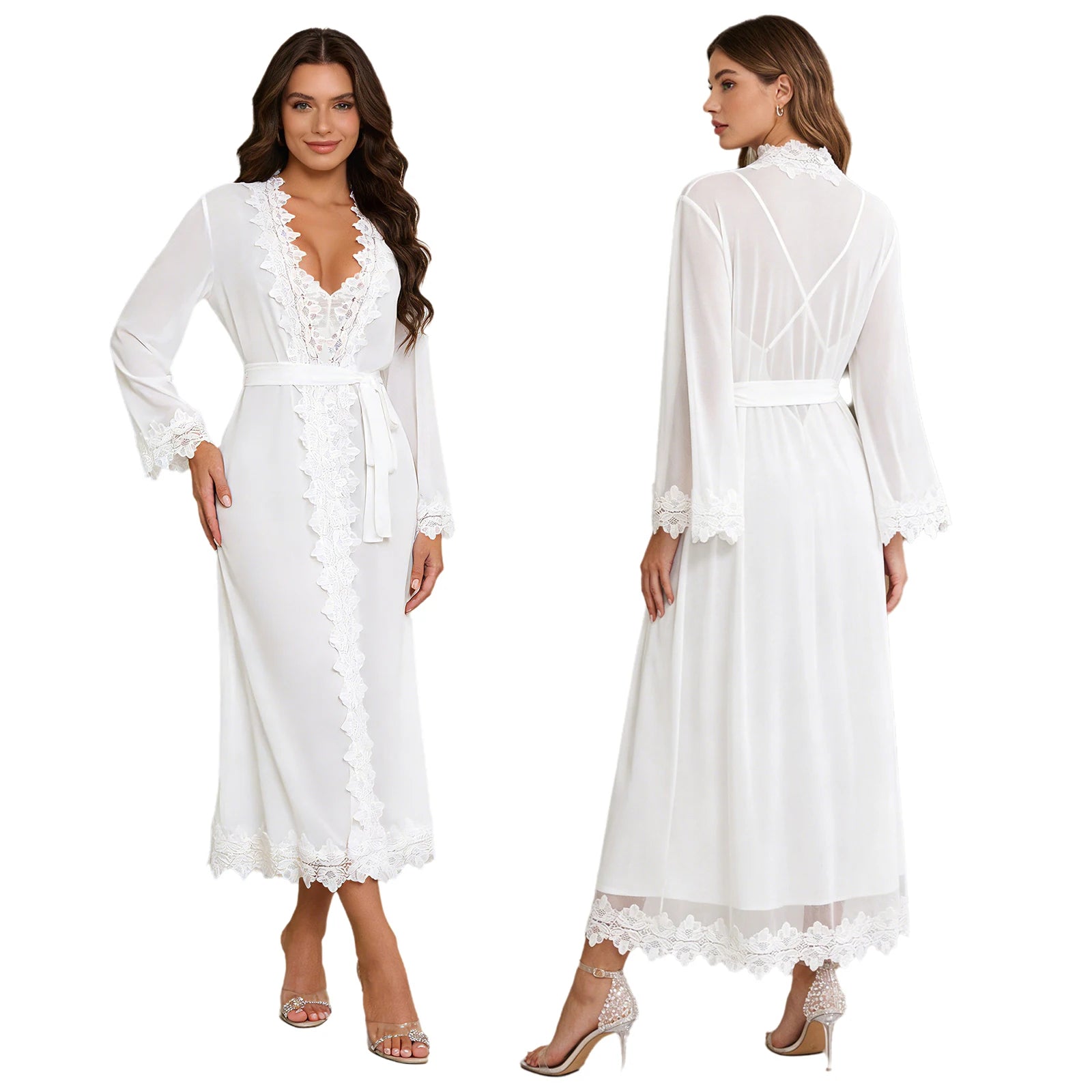 Womens Floral Lace Nightgown Set Long Sleeve Sheer Mesh Robe with Backless Satiny Sling Dress Gown Belt for Bride Wedding Night