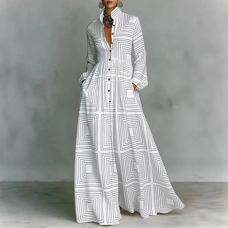 Retro Pattern Print High Waist Pleated Dress Woman Spring Shirt Collar Button Pockets Maxi Dress Long Sleeve Boho Vacation Dress