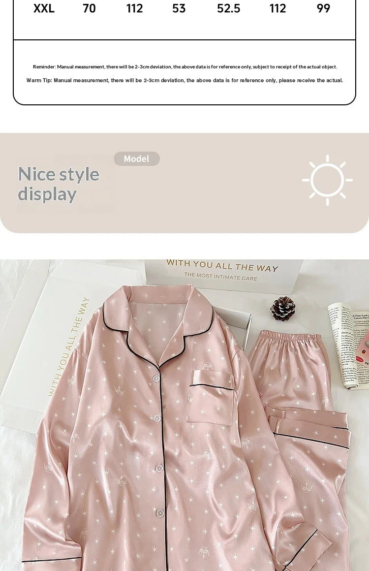 New Japanese-Style Sweet Girl Floral Print Ice Silk Pyjama Set Women's Spring/Autumn Long-Sleeved Top and Trousers Homewear Set