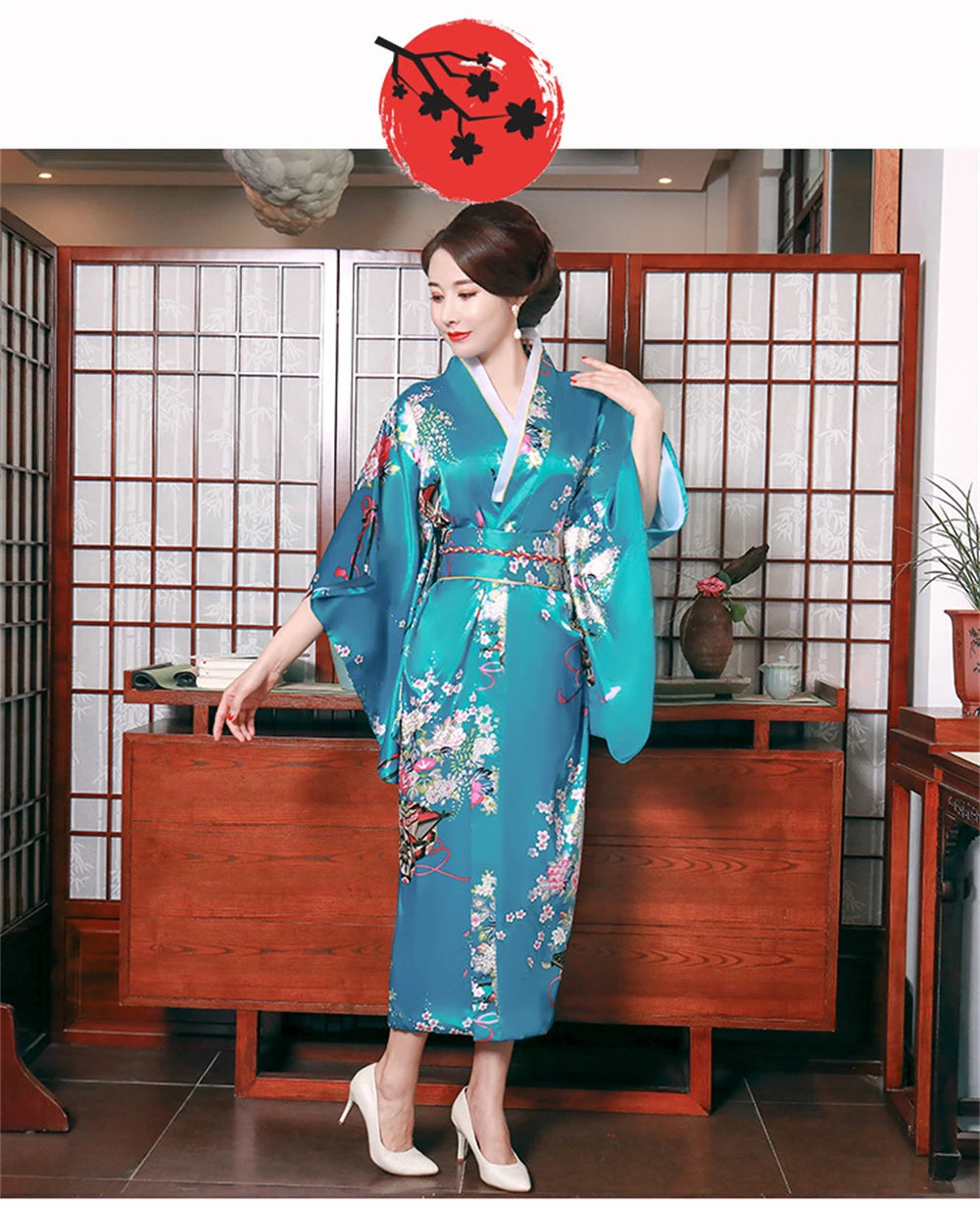 Traditional Japanese Satin Kimono Bathrobe With Obi Women Floral Print Nightgown Yukata Novelty Gown Bridal Homewear Sleepwear