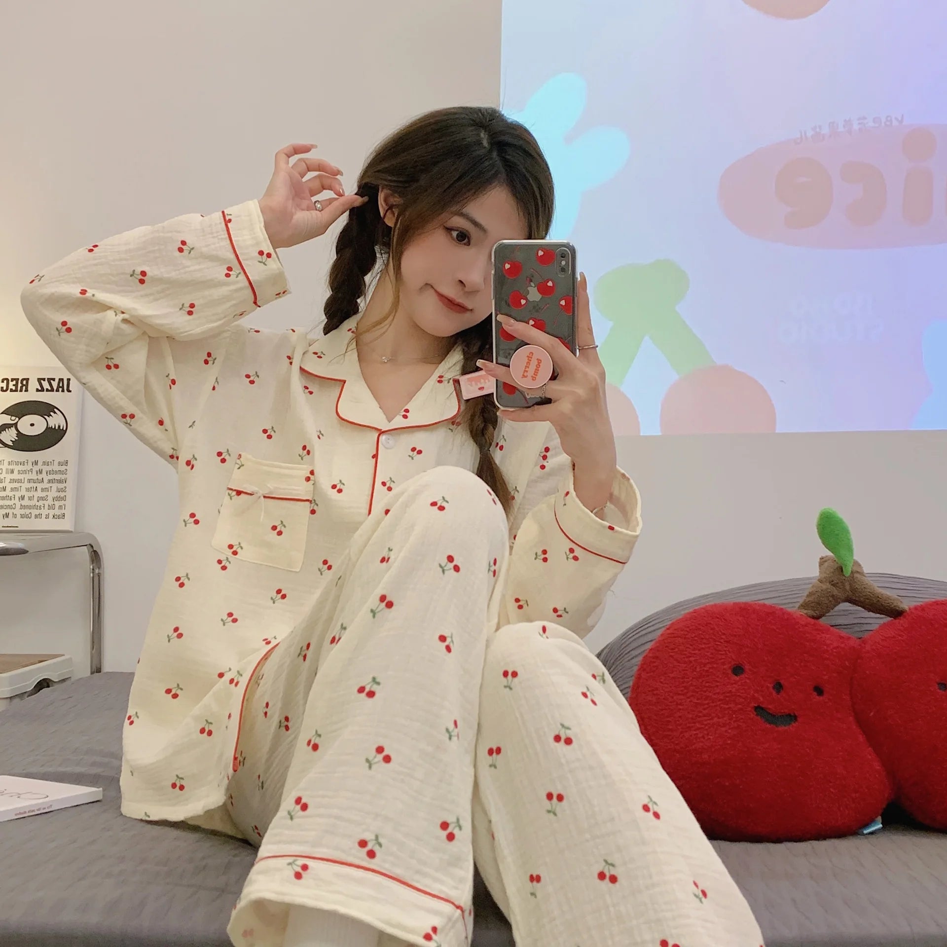 New Arrival: Korean-Style Spring/Fall Cherry Blossom Bubble-Cotton Pajamas for Women - Long-Sleeve Top & Long Pants Homewear
