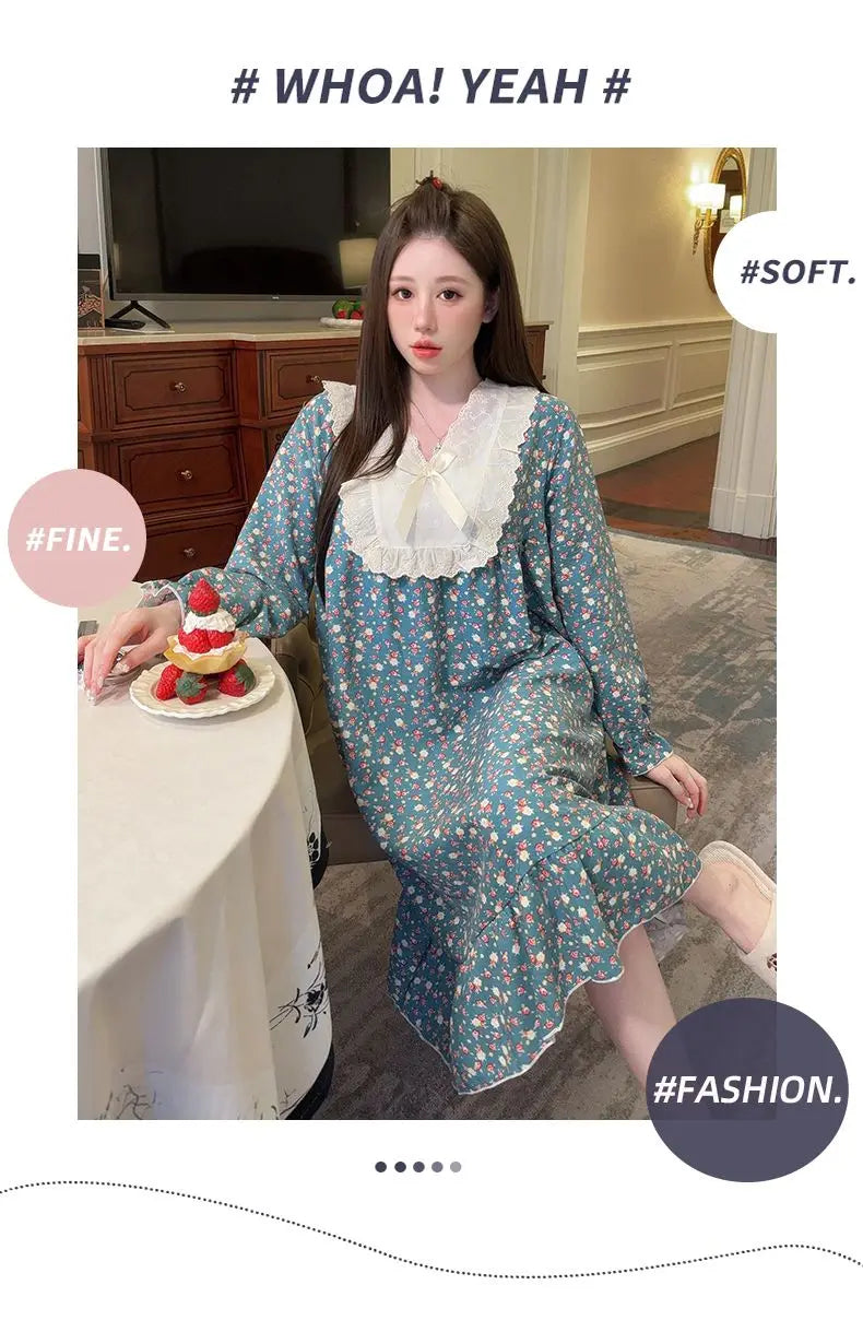 2026 Comfy Long Sleeve Home Dress, Women's Floral Print Loungewear for Spring Autumn, Oversize Sweet Korean Style