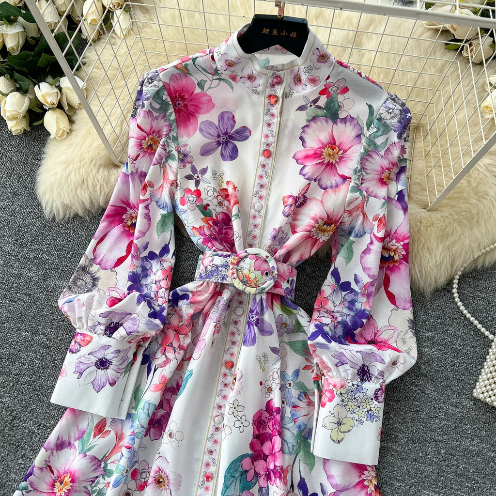 Runway 2025 Spring Summer Floral Print Long Shirt Dress Women's Turtleneck Lantern Sleeve Print Belt Casual Holiday Dress Female