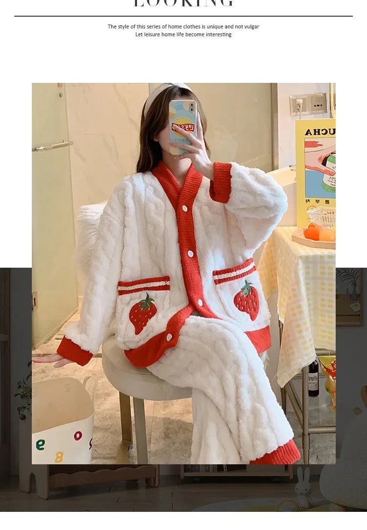 Pyjama épais en flanelle et velours corail fraise, vêtements de maison pour femmes, ensemble de vêtements de nuit à col en v, sa