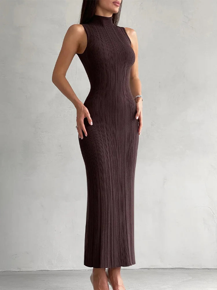 2025 Spring Sleeveless Knitwear Turtleneck Long Dress Female Slim Elegant Fashion Autumn Ribbed Knit Dress For Women Maxi Dress