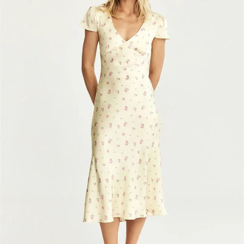 Tossy V-Neck Printed Fashion Long Dress Women's Elegant High Waist Slim Commute Contrast Party Dress Female Summer Maxi Dress