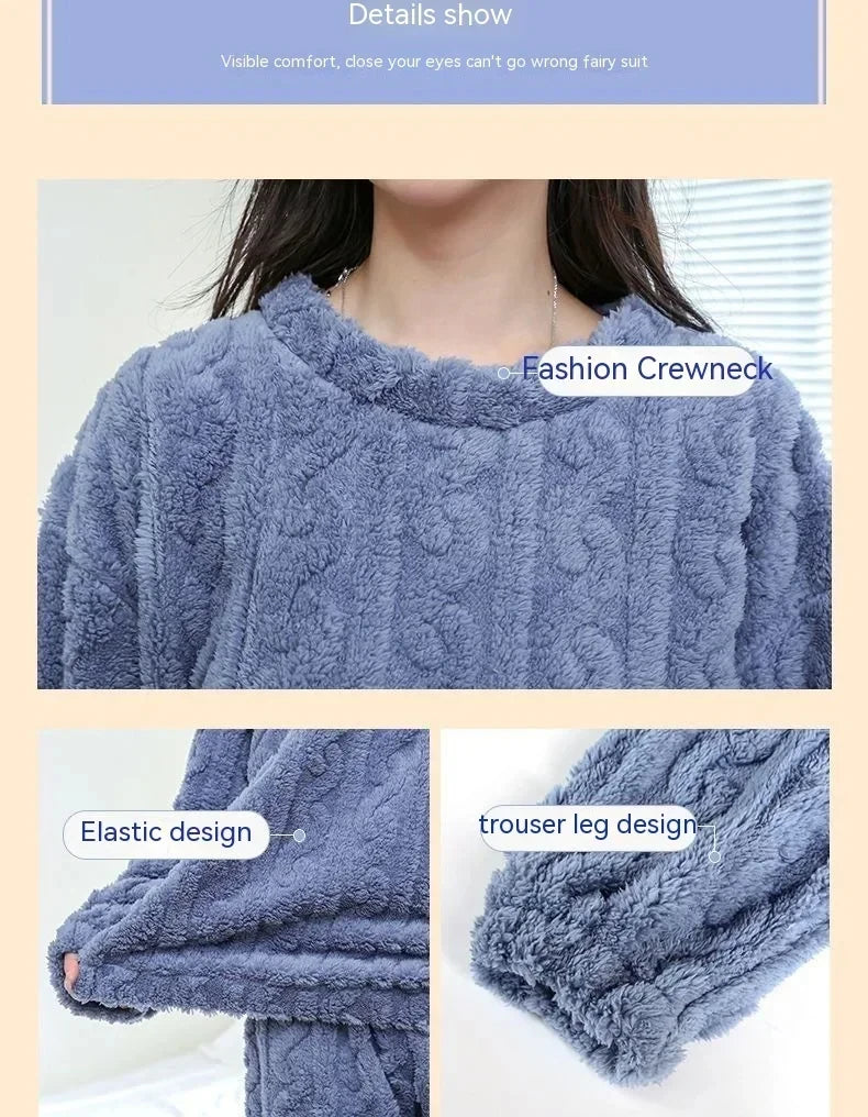 Ensemble pyjama épais et chaud en molleton de corail pour femme, vêtements de maison imprimés de dessins animés, vêtements de nu