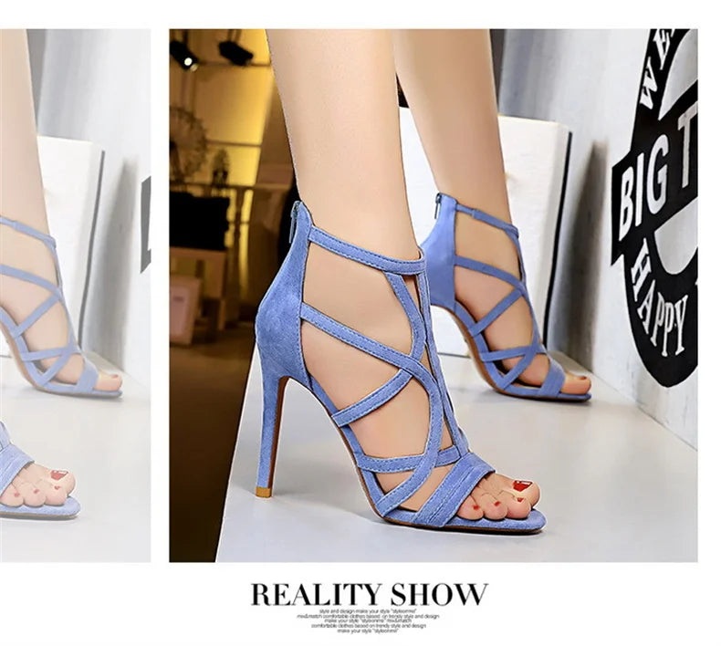 Women Roman style Thin High Heels Pumps Pointed Toe Suede Hollow Strap Party Shoes Solid Solid Ankle Zip Summer Sandals