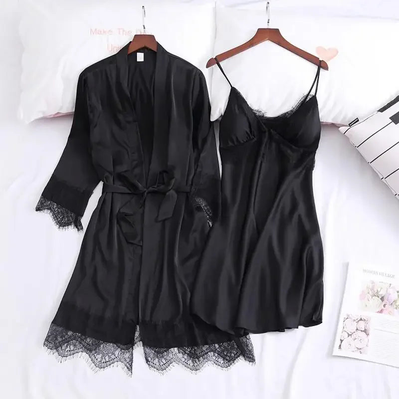 2PCS Pajamas Set White Women V-Neck Sleepwear M-XL Lace Kimono Sexy Nightshirts Flower Nightwear Robe Gown Sleep Suit Nightgown