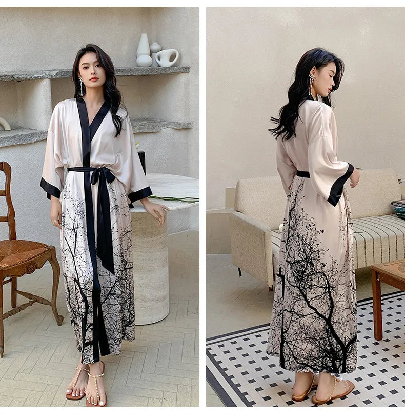 New Spring Summer Female Long Robe Nightgown Sexy Print Flower Kimono Bathrobe Gown Casual Silk Satin Home Dress Lounge Wear