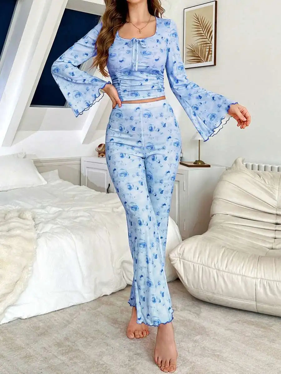 Women Pajama Sets Casual Pajamas Flower Print Long Sleeve High Waist Pants Loungewear Two-piece Set Can Be Worn Outside Pijamas