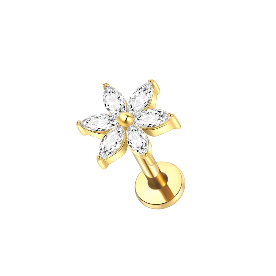 1Pc Titanium Ear Cartilage Stud Earrings for Women Internal Thread Zircon Flower Ear Lobe Tragus Helix Lip Rings Jewelry 16G