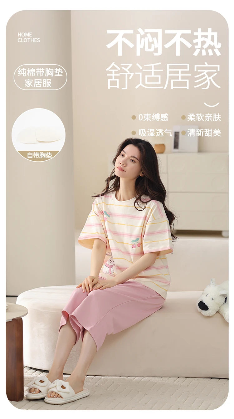 MiiOW 2Pcs Summer Women's Pajamas Set Cotton Short Sleeve Woman Homewear Cute Pink Patchwork Print Girls Pajamas Woman Sleepwear
