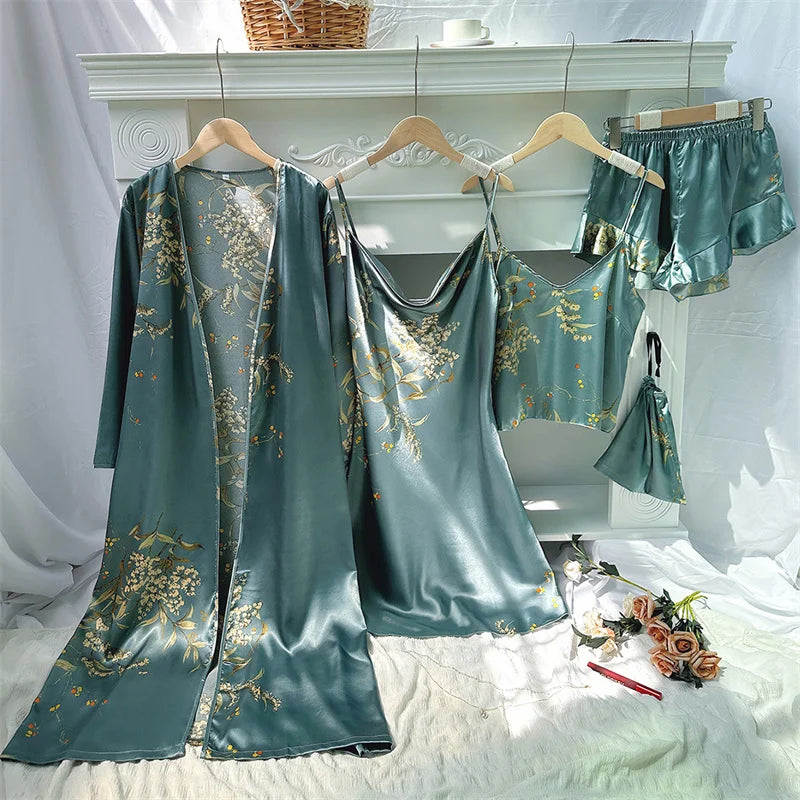 Elegant Print Flower Pajamas 5 Piece Set Women Casual Kimono Bathrobe Gown Sexy Silky Rayon Nightgown Loose Home Clothes