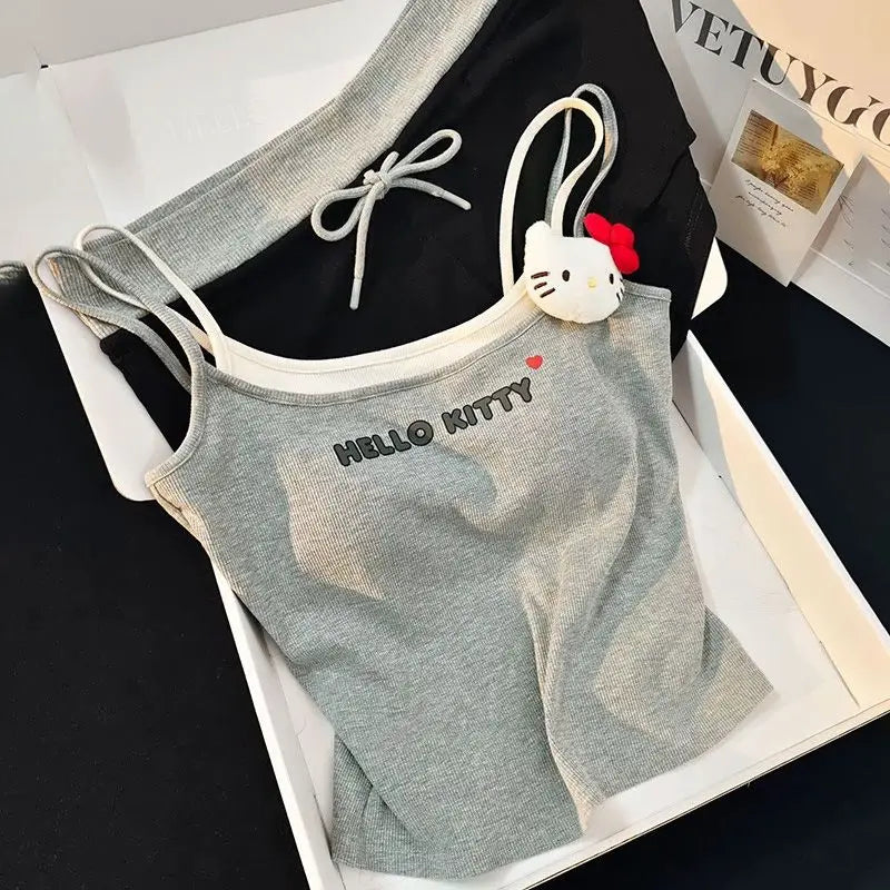 Cute Hello Kitty fake two-piece suspender shorts pajamas women's summer casual loungewear two-piece set can be worn outside